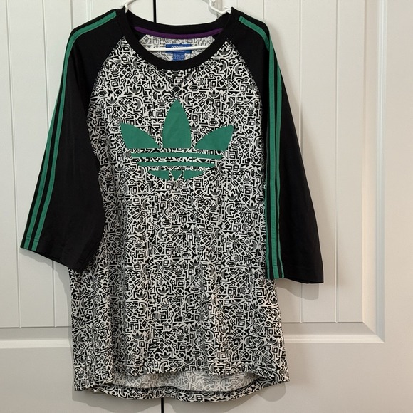 HTF Adidas Originals Women's 2XL Trefoil Tee Black Green Raglan All Over Print - Picture 1 of 7